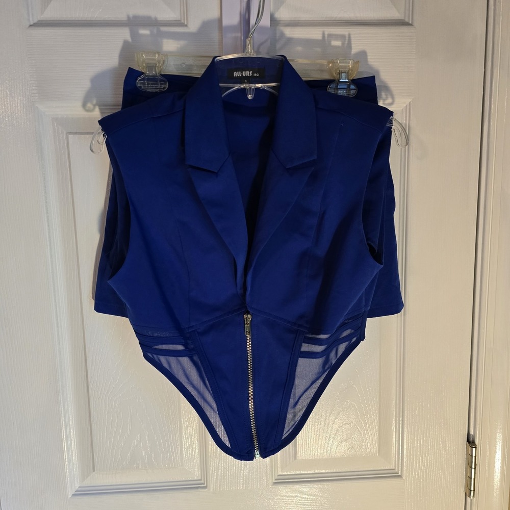 All-Urs Inc Royal Blue 2 Piece Set Corset Mesh Zip Vest and Shorts Small